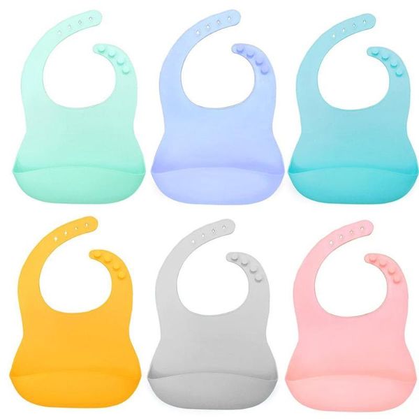 

hair accessories baby silicone waterproof bib with pockets solid color saliva towel apron designed deep wide crumb catcher for infant kids, Slivery;white