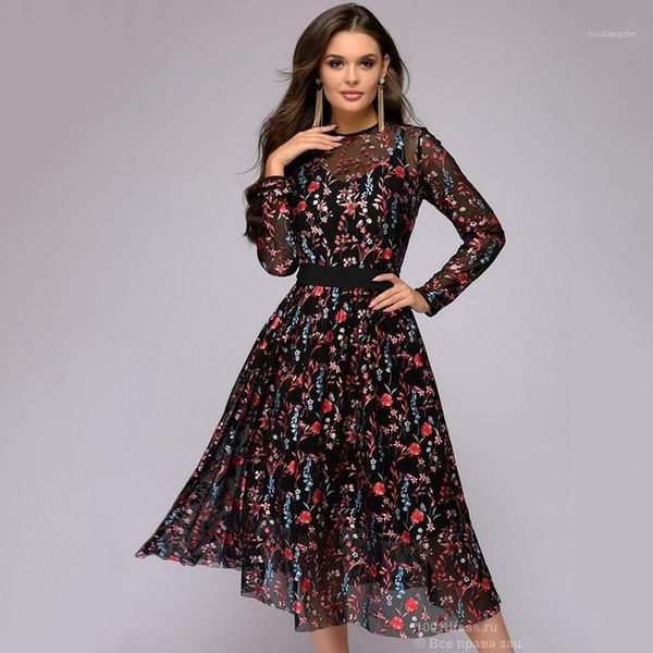 

women autumn floral embroidery knee-length dress sheer mesh vintage boho a-line see-through black 2019 elegant vestidos1, Black;gray