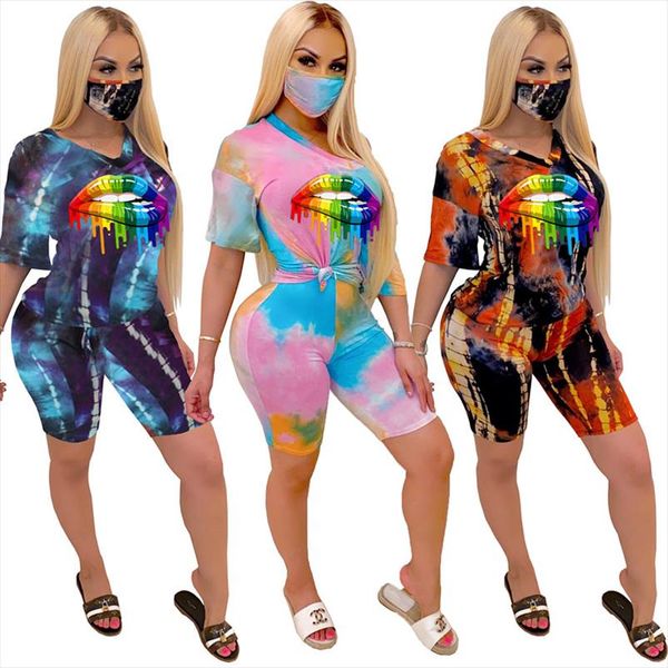 

2020 new women tie dye gradient print two pieces setstracksuits t shirt shorts skinny leggings pants suit fitness outfits gl5138, Gray