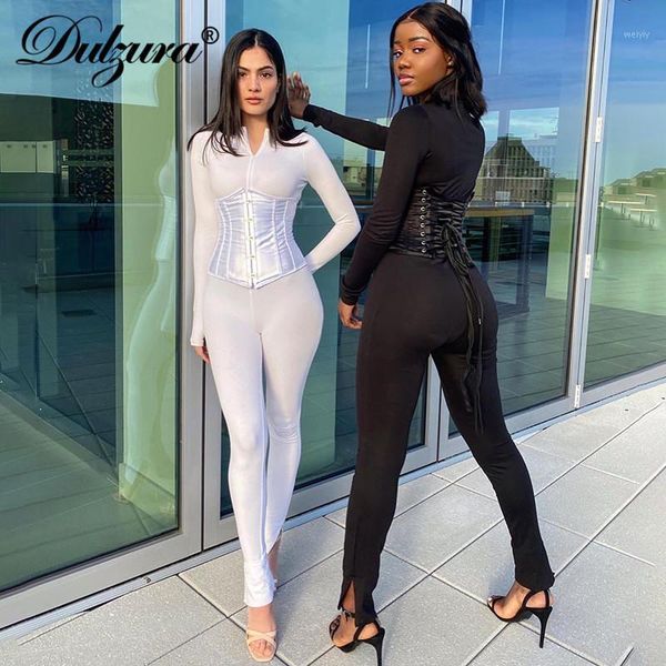 

dulzura solid jumpsuit corset 2 pieces set long sleeve zipper bodycon streetwear matching 2020 autumn winter outfit romper1, Gray