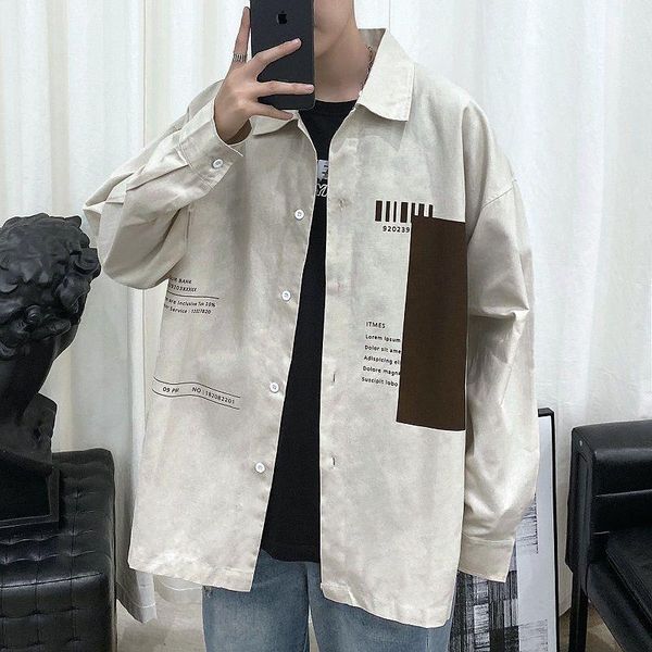 

2020 spring and summer new youth popular cotton loose printed long-sleeved shirt fashion casual wild shirt beige / army green1, White;black