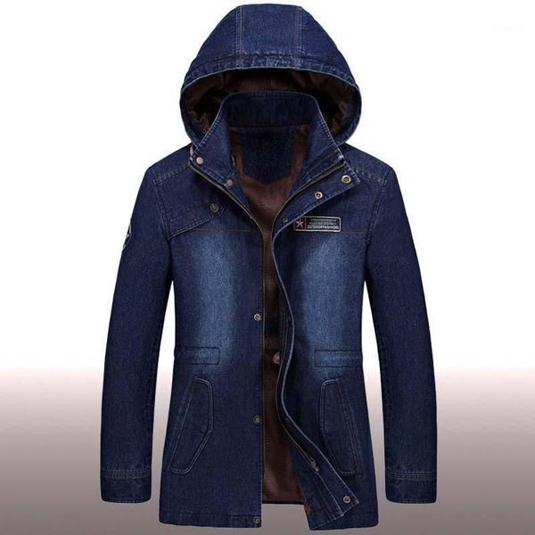 

autumn winter cowboy coat men jeans jacket embroidery hooded denim trenchcoat big size cotton loose windbreaker male clothes1, Black;brown