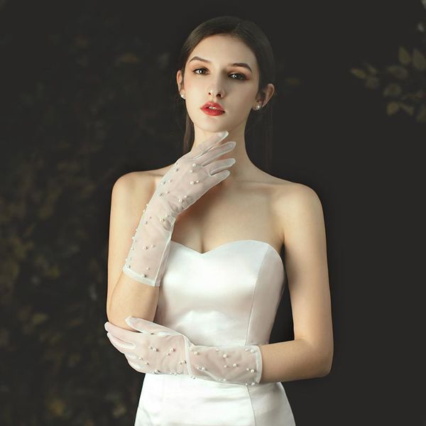 

ivory wedding glove long finger bridal gloves party dress tulle gloves with pearls decoration luva de noiva wedding accessories h jllupp, White