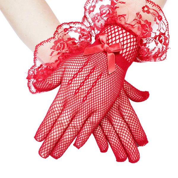 

1pair women full finger summer outdoor protection party lace gloves knitted net high elasticity ladies elegant short for wedding, Blue;gray