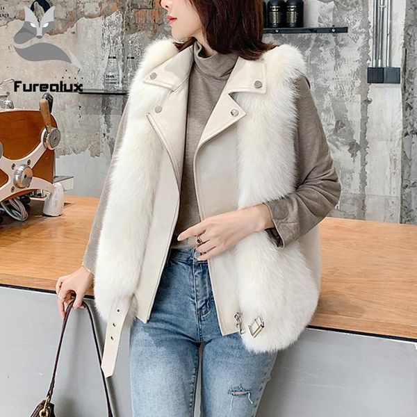 

furealux fashion fur long vest genuine sheepskin leather waistcoat wholeskin natural fur winter heating warm outwear1, Black
