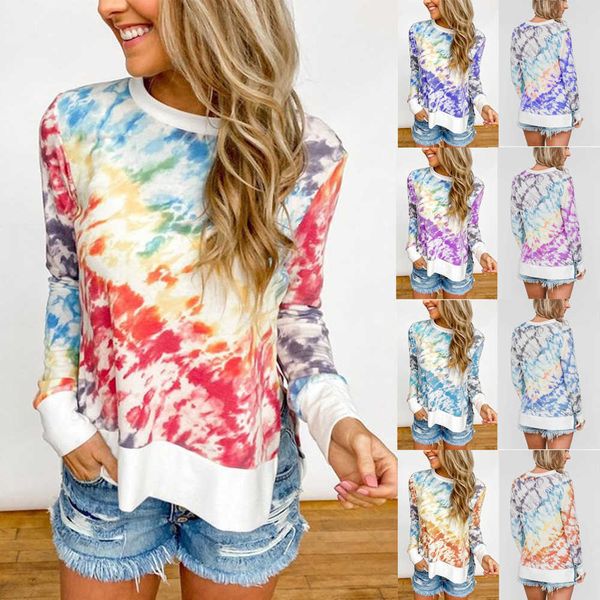 

2020 women's new fashion temperament casual tie dye printing tapered round neck long sleeve t-shirt for women, White
