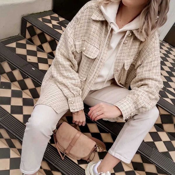 

tweed women pearl button shirts autumn fashion ladies oversize thick shirt streetwear female outfits cute girls chic shirts 201016, White
