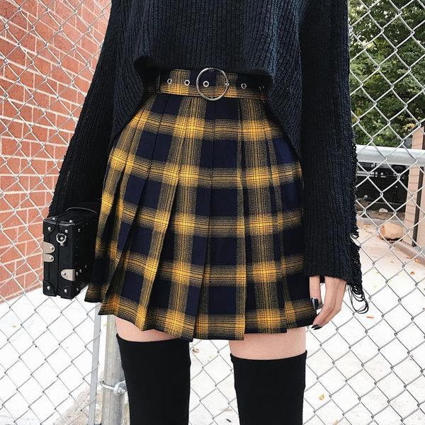 

2019 spring summer woman skirts school girl cute harajuku lattice pleated skirt punk style high waist short skirt, Black