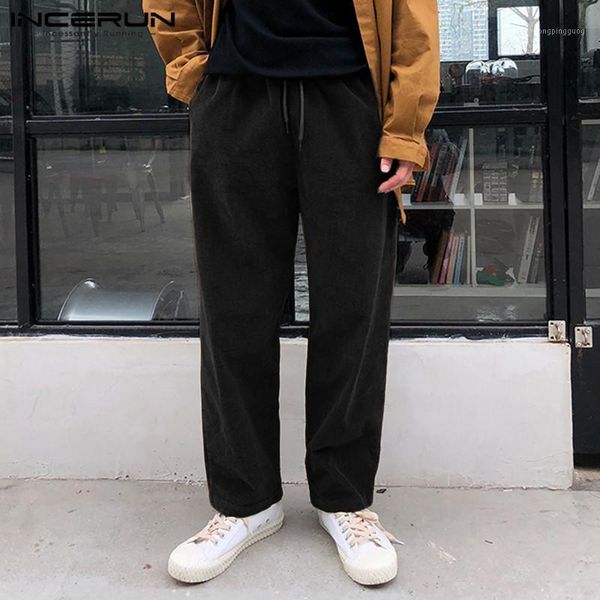 

2019 men corduroy pants streetwear solid fashion drawstring winter straight pants joggers casual trousers men incerun plus size1, Black