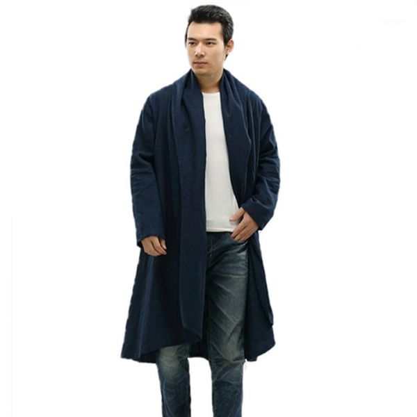 

men's trench coats black long coat men cardigan turn-down collar linen cotton robe dress autumn winter jacket overcoat1, Tan;black