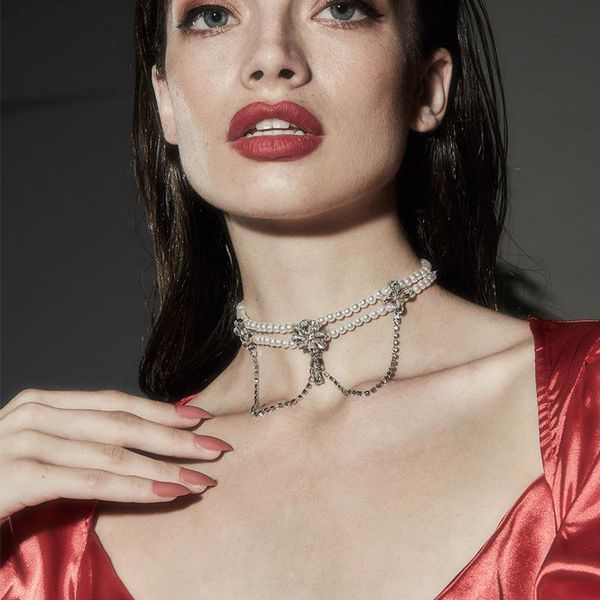 

baroque chokers necklaces crystal rhinestone pearl flower tulle bow clavicle chain statement necklace women necklace jewelry, Golden;silver