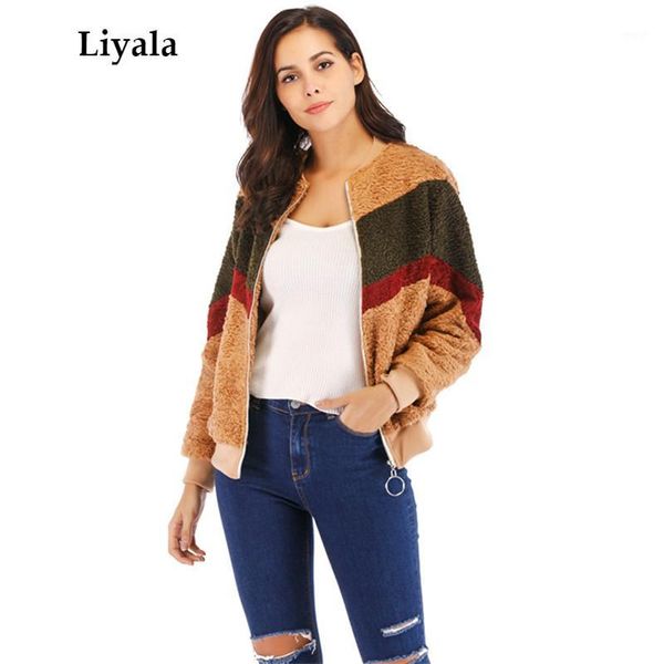 

women's fur & faux plush furry coat women jacket short zipper up bomber casual female winter striped fake for women1, Black