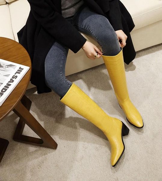 

white women's boots show thin pointed head thick heel high tube boots crocodile high heel fashion large size, Black