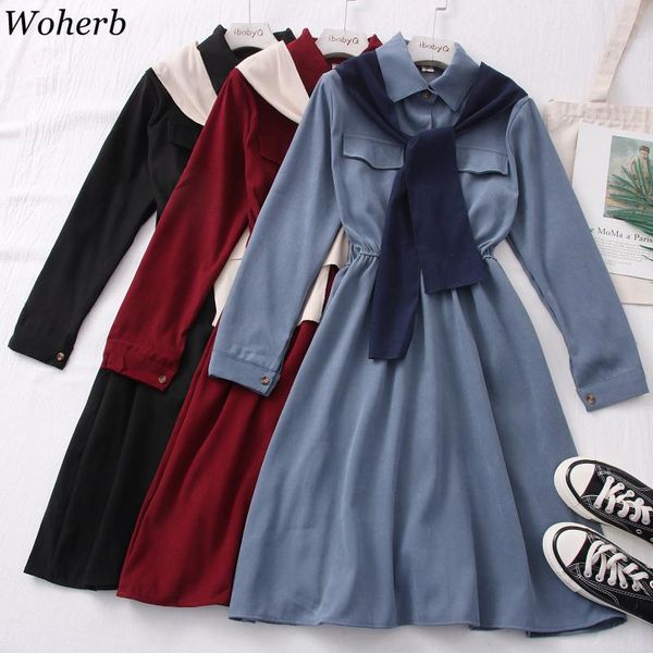 

woherb dress women autumn new korean style solid midi shirt dresses cape patchwork casual all-match slim waist vestidos elegante, Black;gray