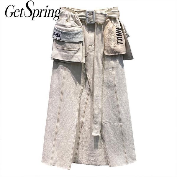

skirts getspring women skirt high waist jeans detachable large pocket denim with belt fashion long summer, Black
