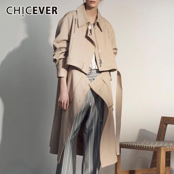 

chicever khaki windbreaker for women lapel long sleeve patchwork lace up vintage casual windbreakers female 2020 fashion clothes, Tan;black