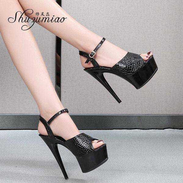 

sandals shuzumiao women's 2021 summer fashion pu thin heels waterproof platform high heels15cm solid color female banquet shoes, Black