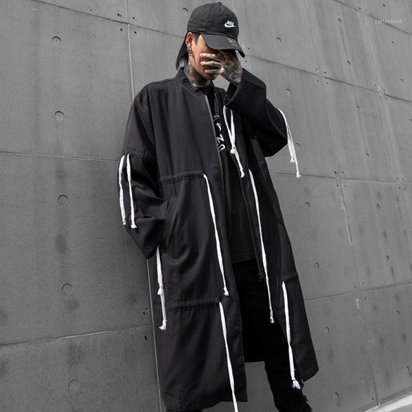 

men's trench coats men streetwear hip hop drawstring design oversize loose long windbreaker jacket male cardigan coat outerwear overcoa, Tan;black