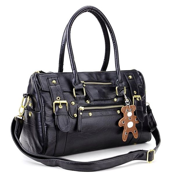 

black hand hold pu leather rock scratch with a small bear handbag for women