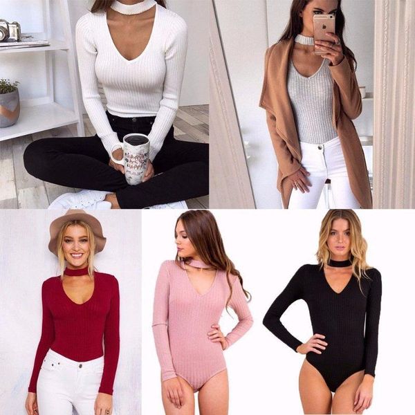 

choker high neck plunge v long sleeve shoulder women autumn spring ribbed bodysuits playsuits rompers jumpsuits new, Black;white