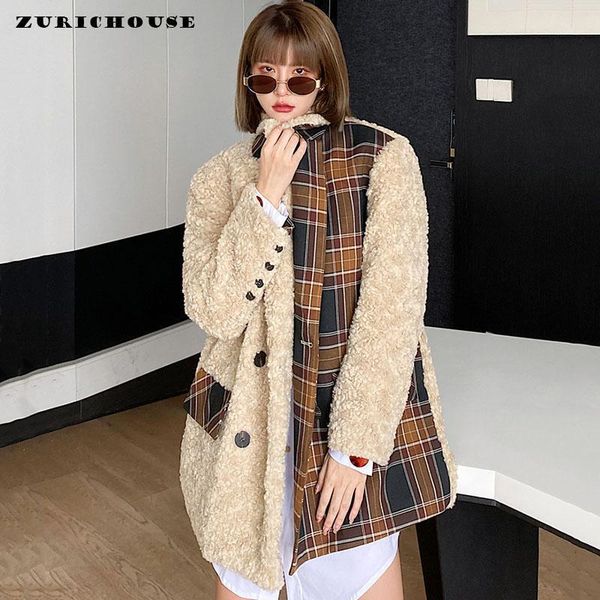 

zurichouse brand patchwork lambswool jacket female warm fashion retro hit color plaid spliced design faux fur winter coat women1, Black