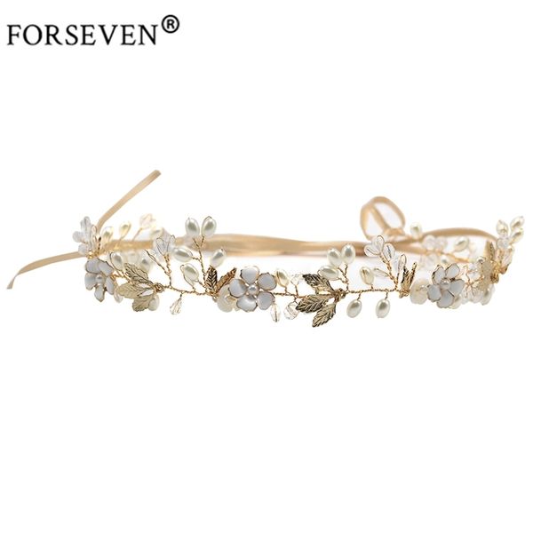 FORSEVEN Hohe Qualität Gold Kristall Perle Stirnband Für Braut Haar Zubehör Blume Kopf Stück Handgemachte Hochzeit Haar Schmuck Y200409