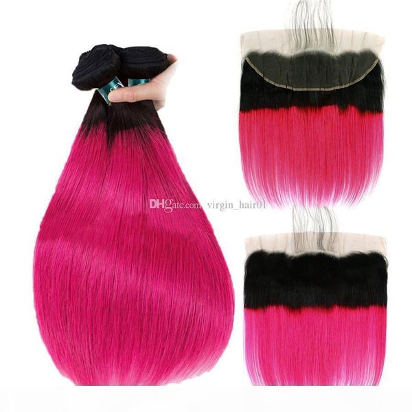

rose red ombre hair weaves with lace frontal closure dark roots brazilian virgin hair 3 bundles deals straight with lace frontal 4pcs lot, Black;brown
