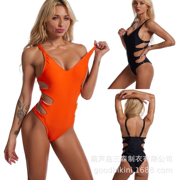 

2021 new bikini women's solid cut out one piece swimsuit, White;black