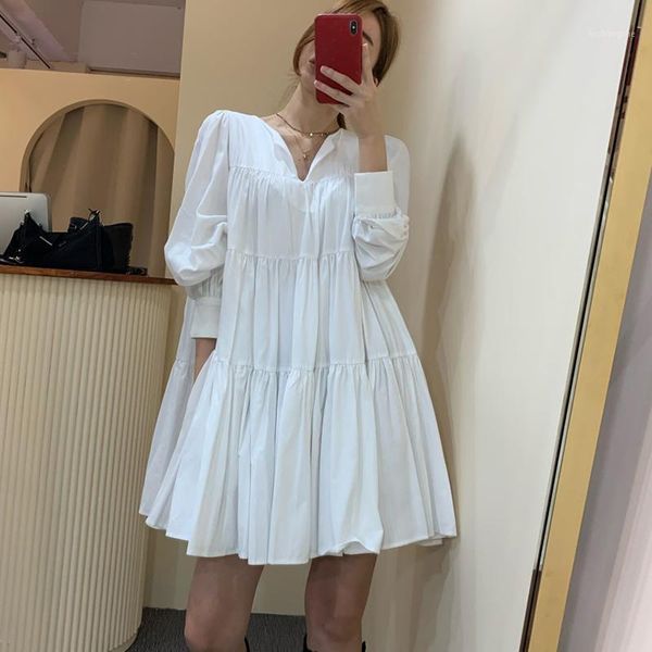 

hippie boho dress puff sleeve vintage white dress woman oversized loose pleated ruffle dresses for women party 2021 long sleeve1, Black;gray