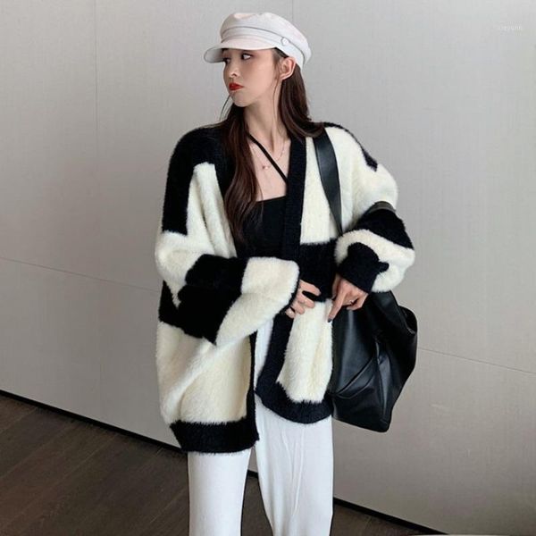 

new arrival hit color patchwork women knitwear korean long sleeve oversize harajuku sweaters outwear female cardigans1, White