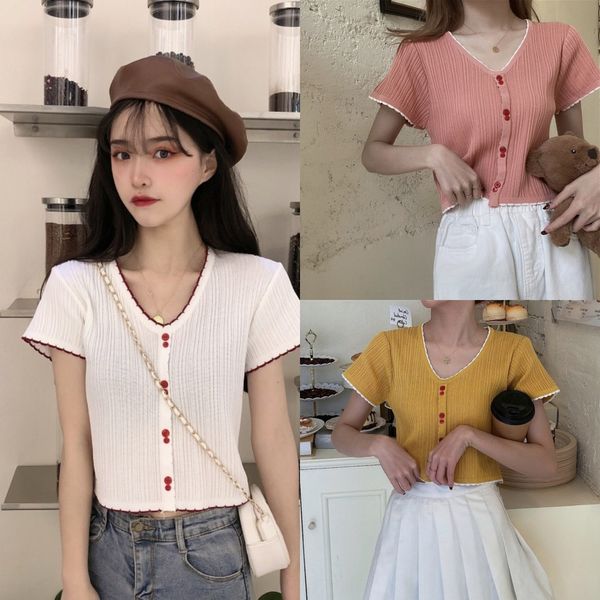 

2020 summer women's new style slim and playful navel knitwear exposed short design small and fresh short sleeve knitwear 7x8b9, White;black