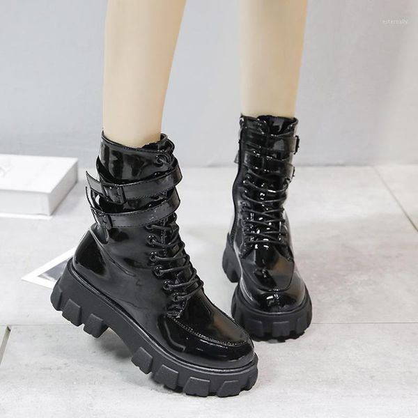 

boots rimocy black patent leather autumn women fashion double buckle thick bottom shoes woman outdoor lace up botas mujer 20211