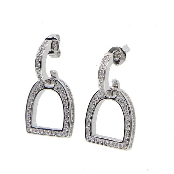 

2021 factory wholesale horse lover equestrian jewelry full micro pave cubic zirconia new design iron stirrup dangle earring, Silver