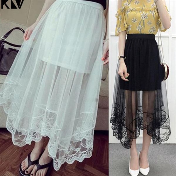 

high waist scalloped lace trim midi long skirt lined solid color irregular hem pleated double layer sheer mesh party skirt, Black
