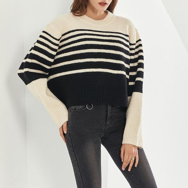 

2020 winter new fashion casual round neck contrast stripe loose pullover knitted sweater for women 15y11, White;black