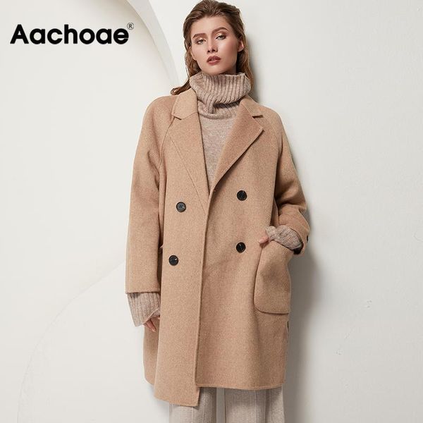 

aachoae твердые шерстяное пальто женщины двойной брестед офис элегантная куртка с длинным рукавом batwing straight long coat lady верхняя од, Black