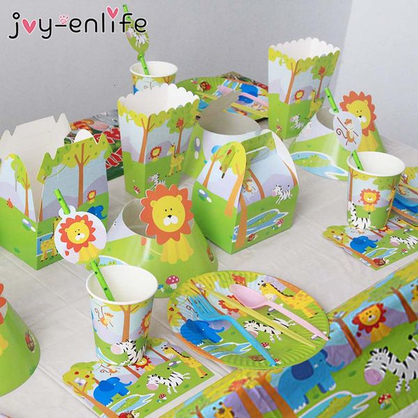 

safari tableware set party decoration kids plate cups hats tablecloth straw animal jungle birthday decor supplies