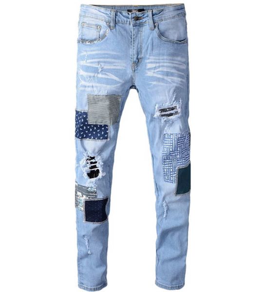 

new men's light-colored patch patch ripped cow trousers stitching stretch beggar slim feet trousers, Blue