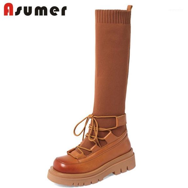 

asumer 2021 genuine leather +knitting stretch boots women square heel casual shoes lace up knee high boots women1, Black