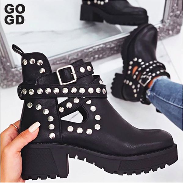 

gogd]women ankle boots women's fashion rivet shoes woman buckle strap ladies chunky heels female punk rome footwear q1104, Black