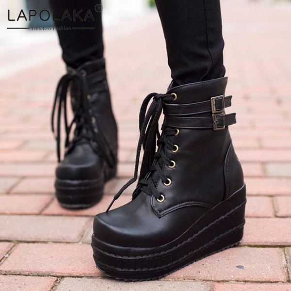 

lapolaka new fashion 2020 big size 43 platform ankle boots woman shoes zip up wedge high heels concise shoes lady boots female, Black