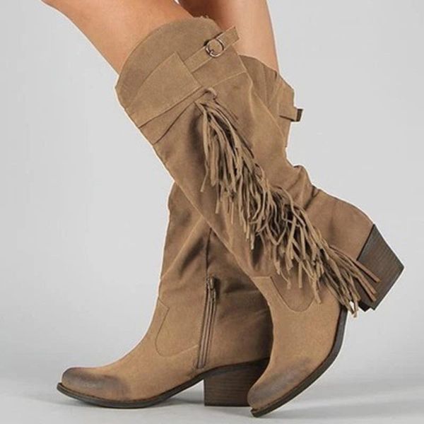 

boots women shoes winter chunky heels knee high tassel platform vintage ladies punk western riding, Black