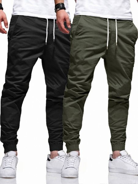 

men 2pcs drawstring waist slant pocket pants s2pf#, Black