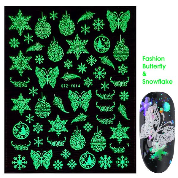 

christmas series nail art decals glow in the dark celebrity luminous snowflake christmas tree 3d adhesive nail stickers, Black