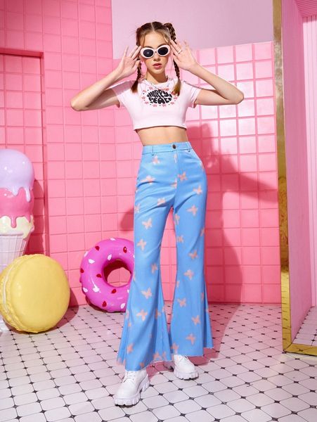 

x nadia tandra raw hem butterfly print flare leg pants f8cl#, Black;white