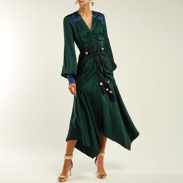 

2018 winter v neck green women long dress runway designer ruffles lace up ladies christmas party irregular dresses clothing1, Black;gray