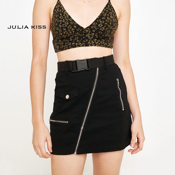 

women asymmetric zip front fit mini skirt, Black
