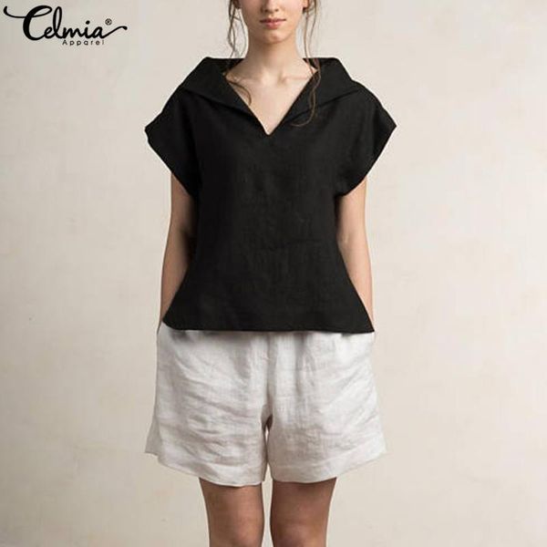 

women's blouses & shirts 2021 celmia women vintage stylish solid summer v neck short sleeve casual tunic blusas femininas plus size1, White