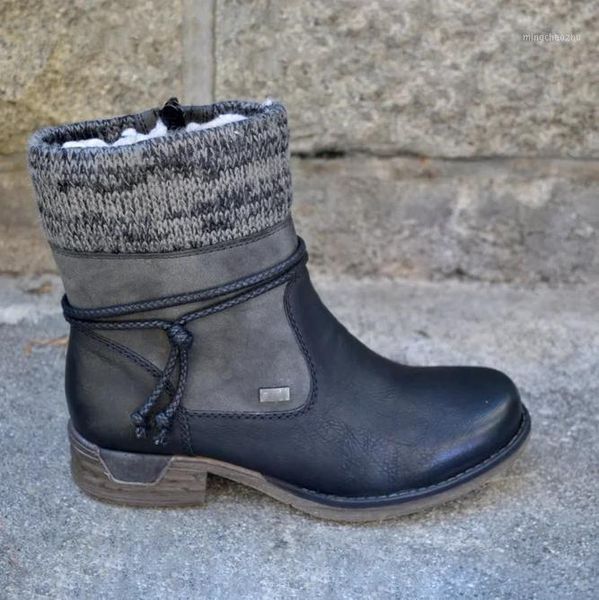 

boots 2021 winter women basic ankle woman round toe zip platform boot female shoes warm lace up plush botas mujer1, Black