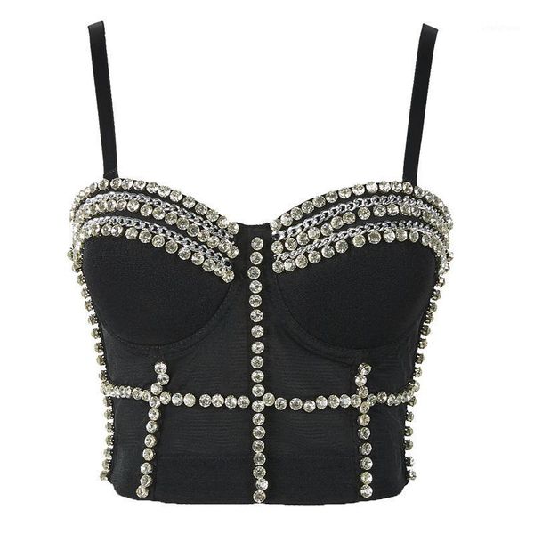 

bling rhinestone metal chain push up camisole 2020 fashion women hollow out glitter crystal strap solid dance camis1, White